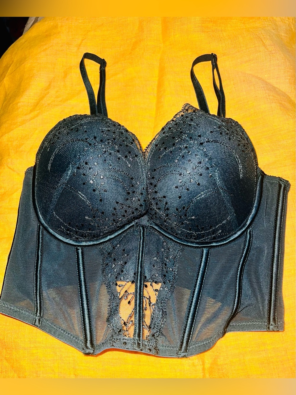 Primark Forest Dark Green Embroidered Mesh Corset Bra Size 34B - Picture 1 of 9